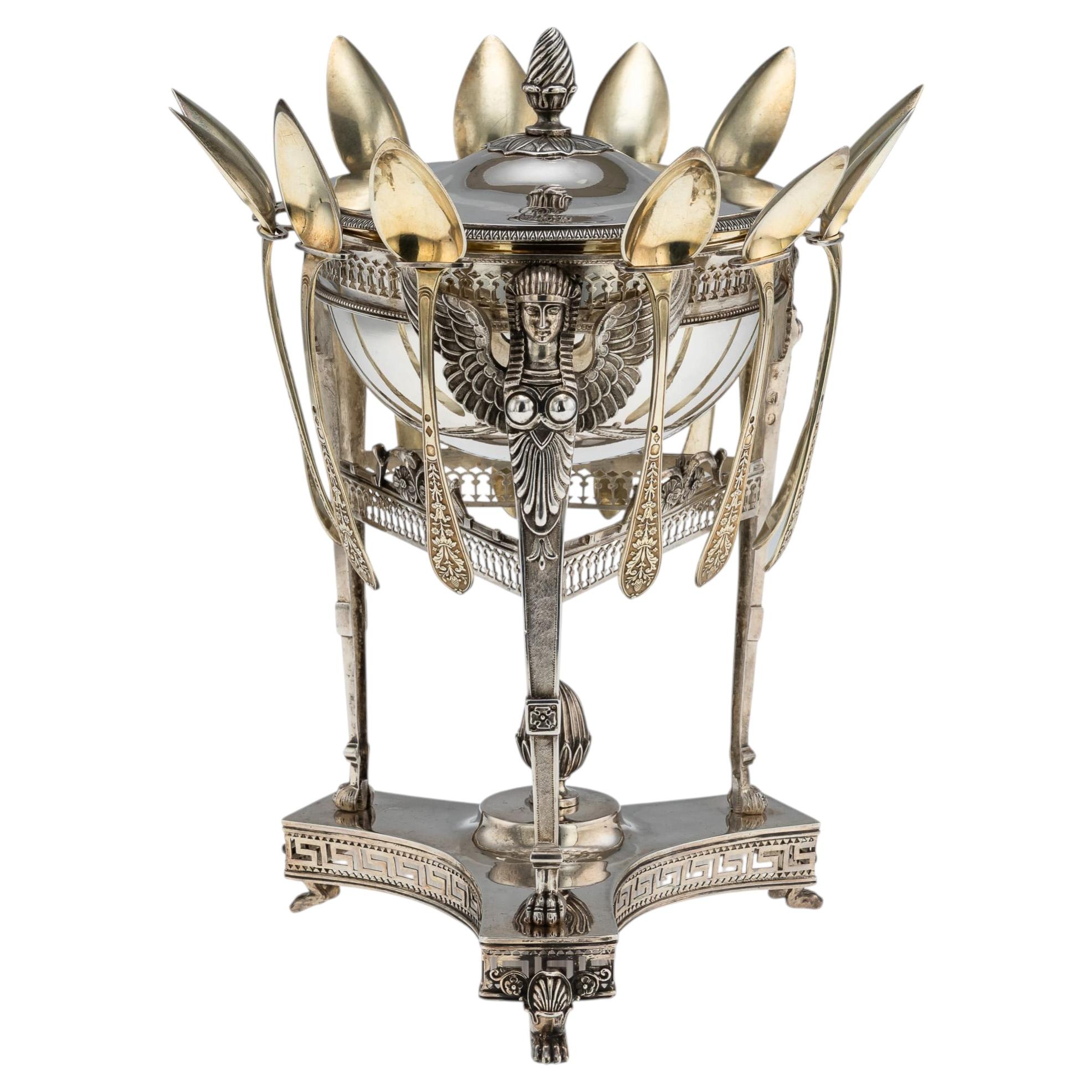 Ensemble antique de confiturière et douze cuillères en argent massif de style Empire français du XIXe siècle, vers 1800 en vente
