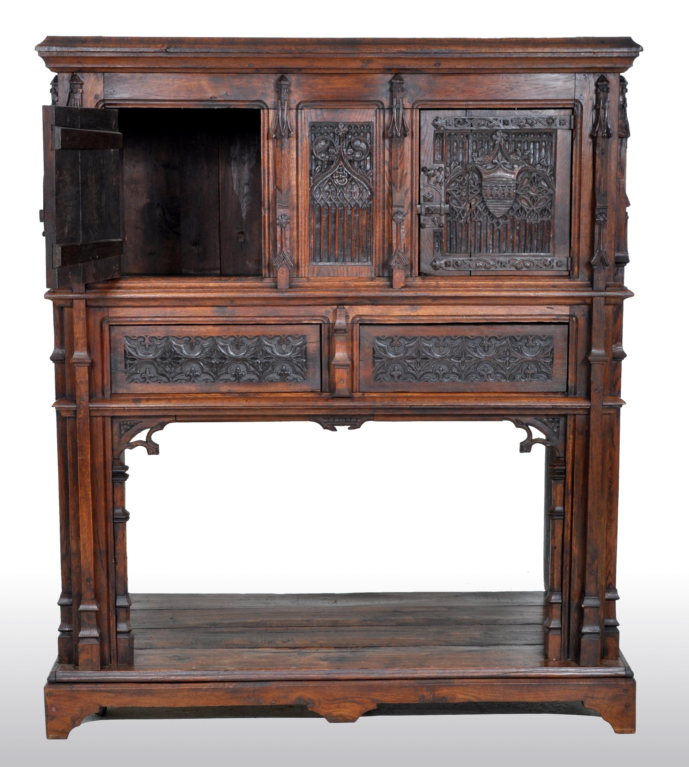 Hand-Carved 19th Century French Gothic Oak Chalice Court or Sideboard, circa 1860