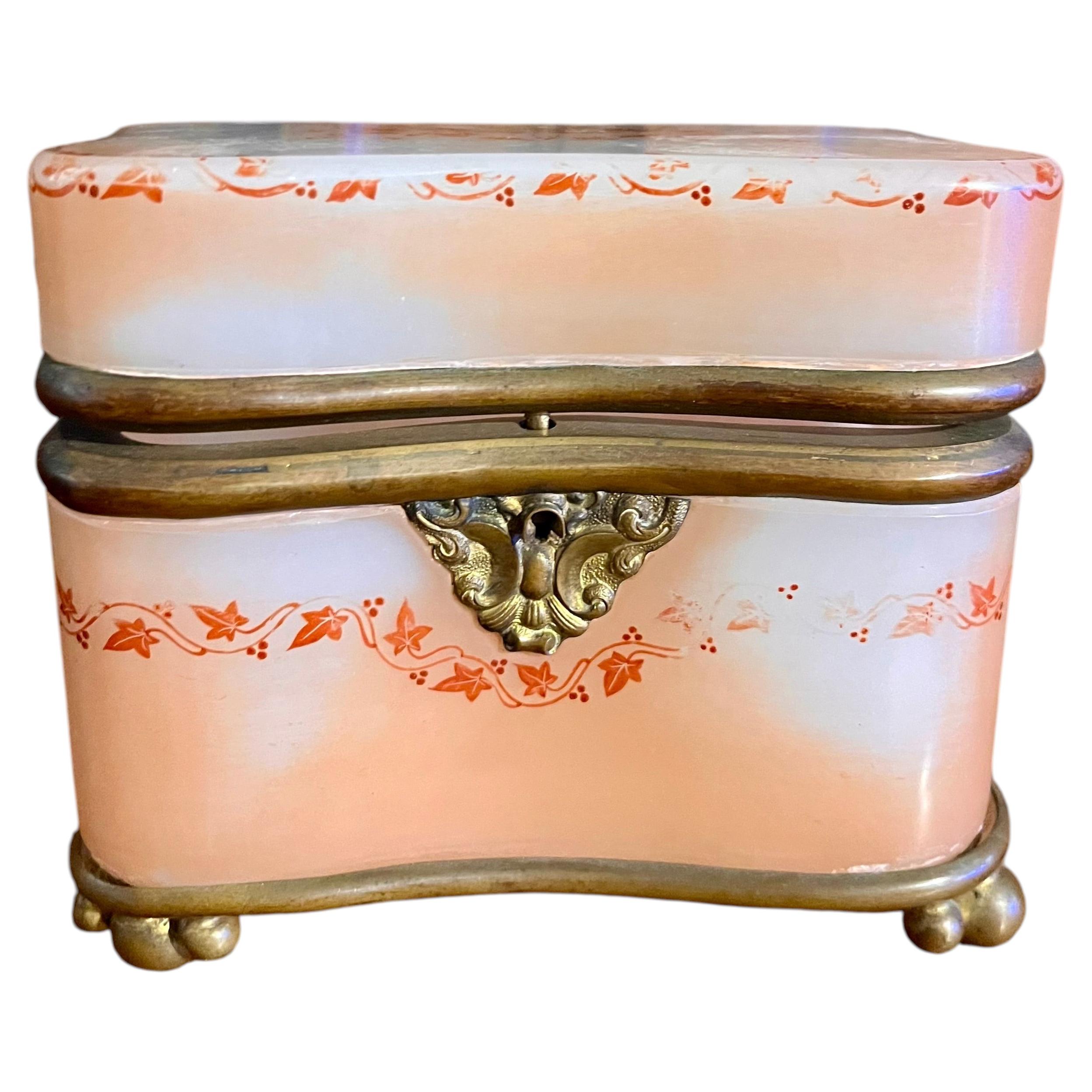 Antique 19thC French Peach Opaline Bronze Mounts Decorative Box For Sale