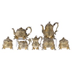 Antique 19th C Georgian Solid Silver Gilt 7 Piece Tea Service London c 1818