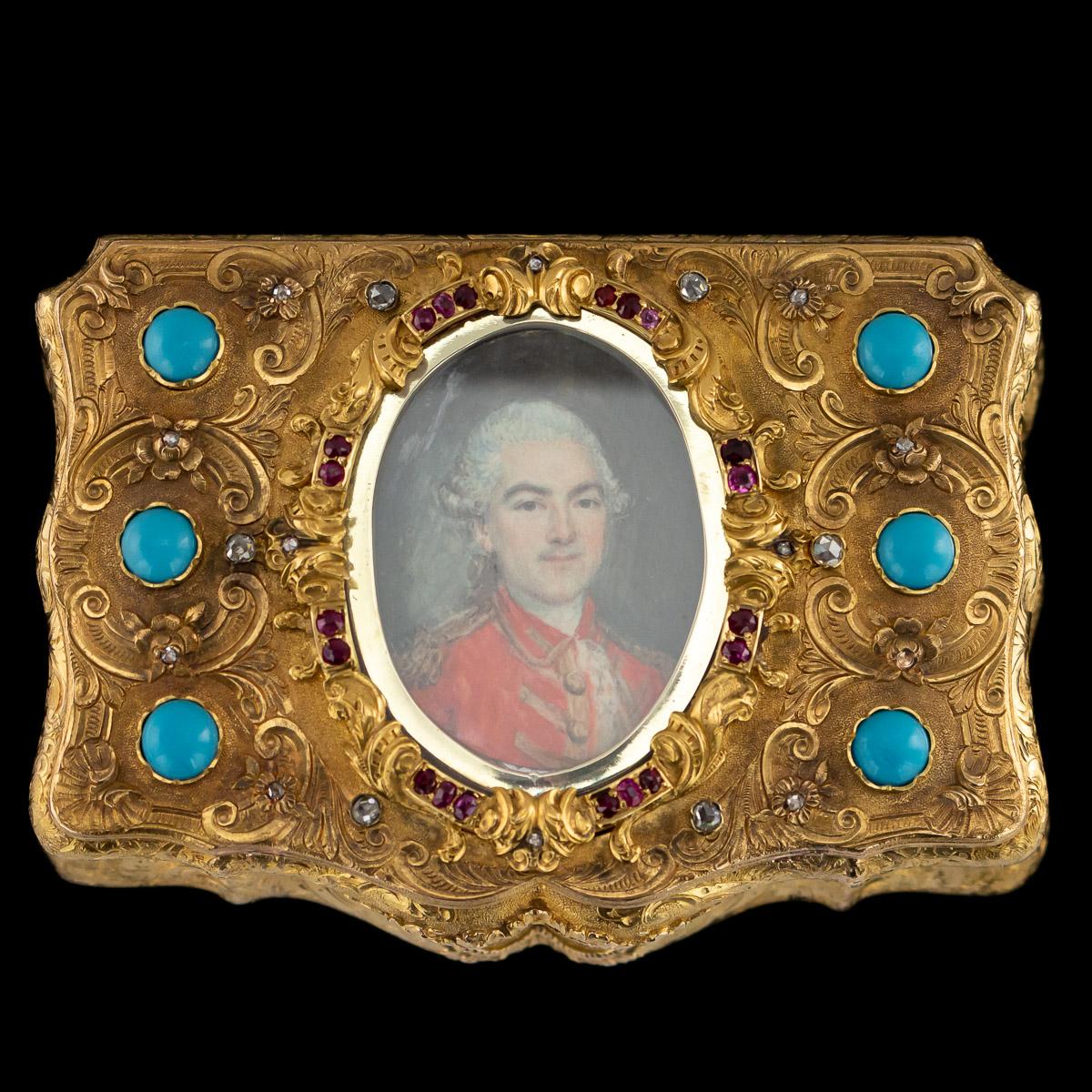 Antique mid-19th century German magnificent 14-karat solid gold snuff box, cushion shaped, the lid set with a hand painted miniature of gentleman in military attire, set behind glass, surrounded by a cast scroll boarder, the hinged lid set with