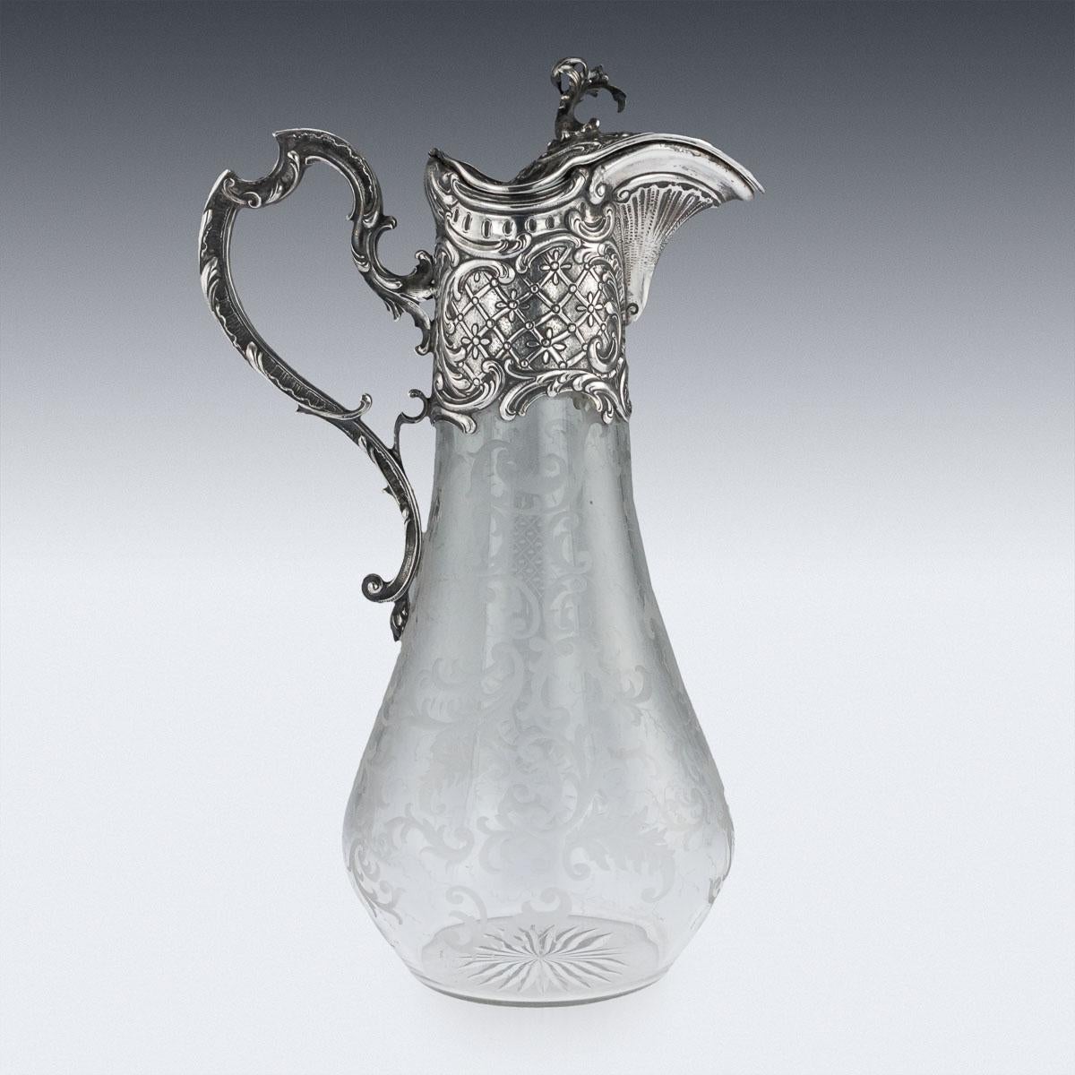 Antique German Solid Silver and Etched Glass Massive Claret Jug, circa 1890 In Good Condition In Royal Tunbridge Wells, Kent