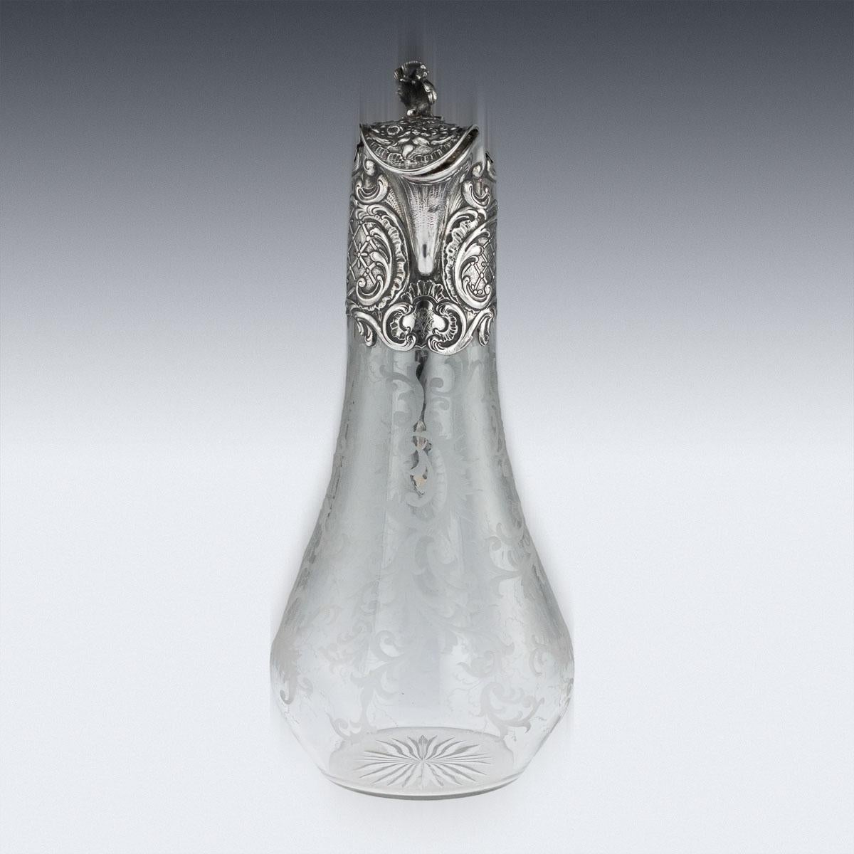 19th Century Antique German Solid Silver and Etched Glass Massive Claret Jug, circa 1890
