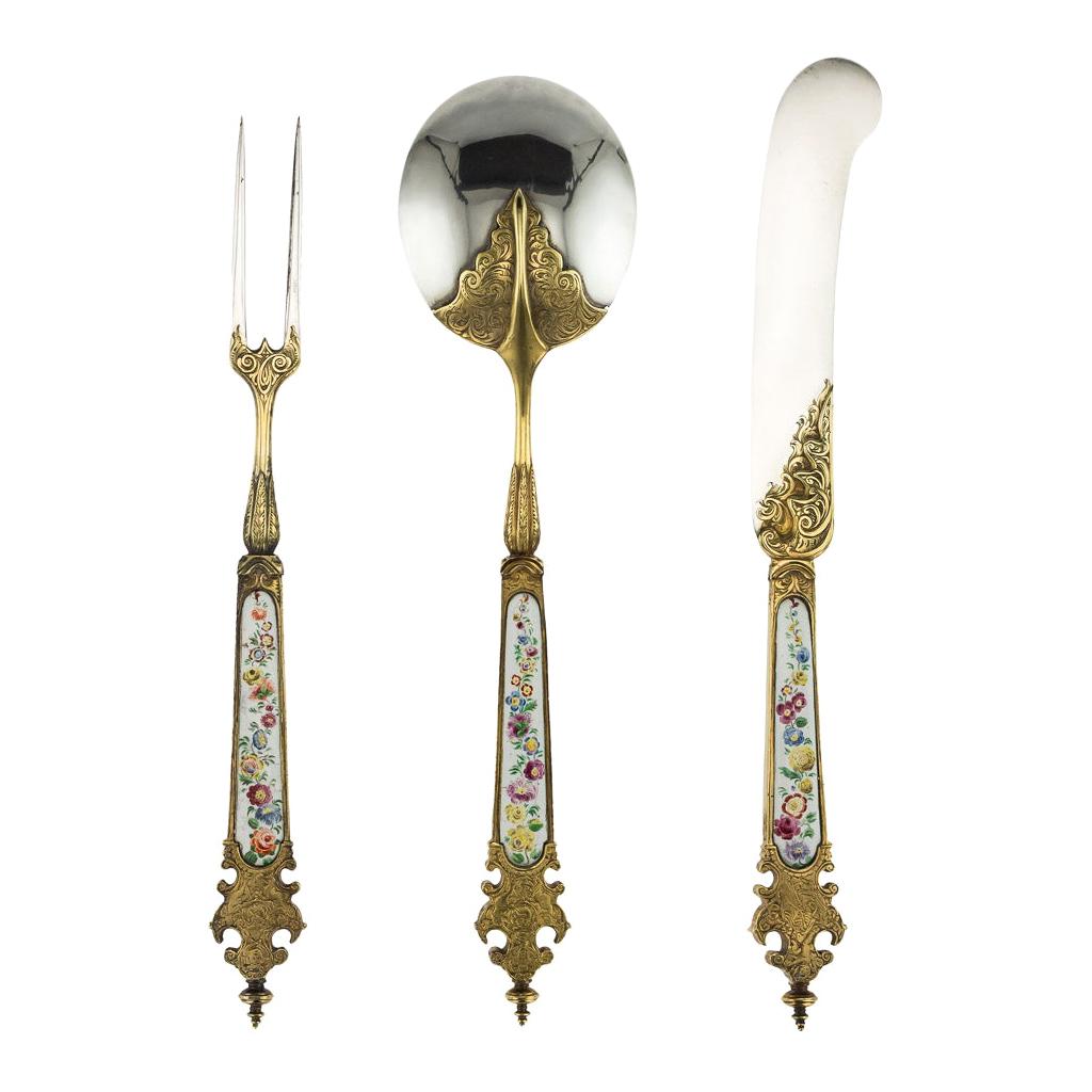 19th Century German Solid Silver-Gilt & Enamel Traveling Cutlery Set, circa 1860