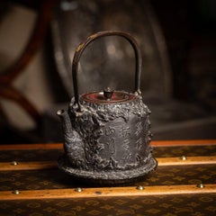 Antique 19thC Japanese Cast Iron 'Seiryudoa' Carved Tetsubin Kettle c.1890