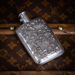 Antique 19thC Japanese Export Solid Silver 'Cherry Blossom' Hip Flask c.1890