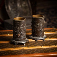 19thC Japanese Meiji Period Pair Of Inlaid Bronze Cylindrical Brushpots c.1890