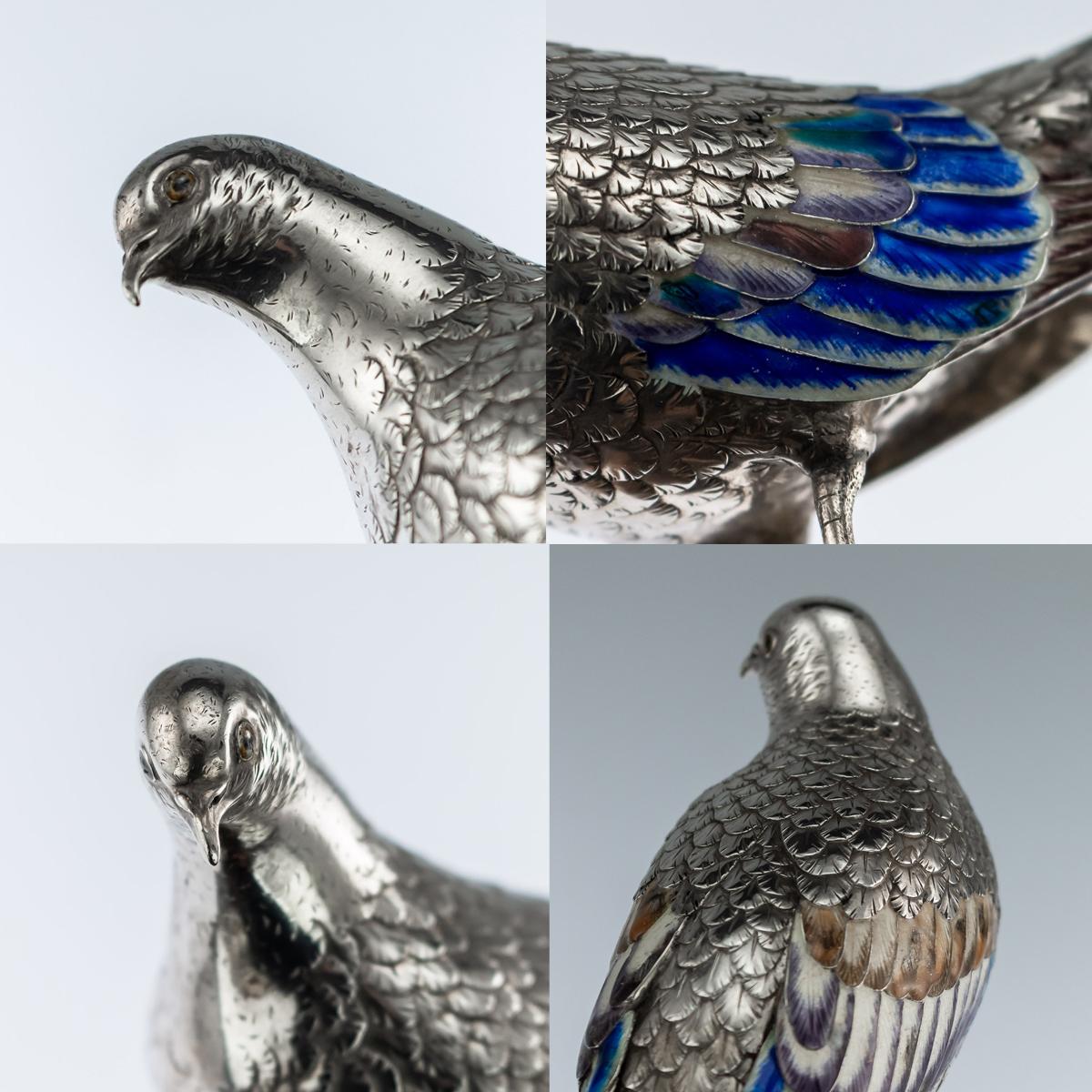 Antique Japanese Solid Silver and Enamel Models of Pigeons on Stand, Circa 1890 6