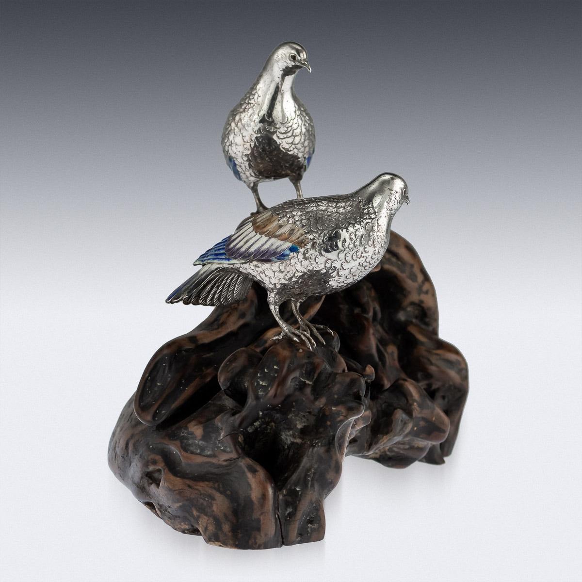 19th Century Antique Japanese Solid Silver and Enamel Models of Pigeons on Stand, Circa 1890