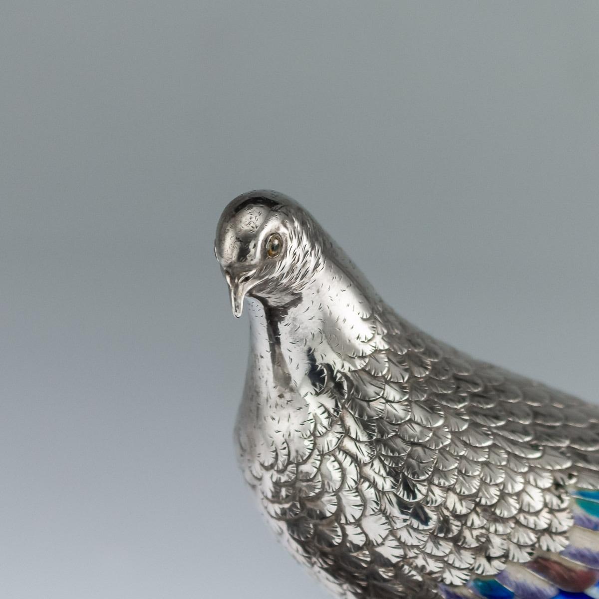 Antique Japanese Solid Silver and Enamel Models of Pigeons on Stand, Circa 1890 1