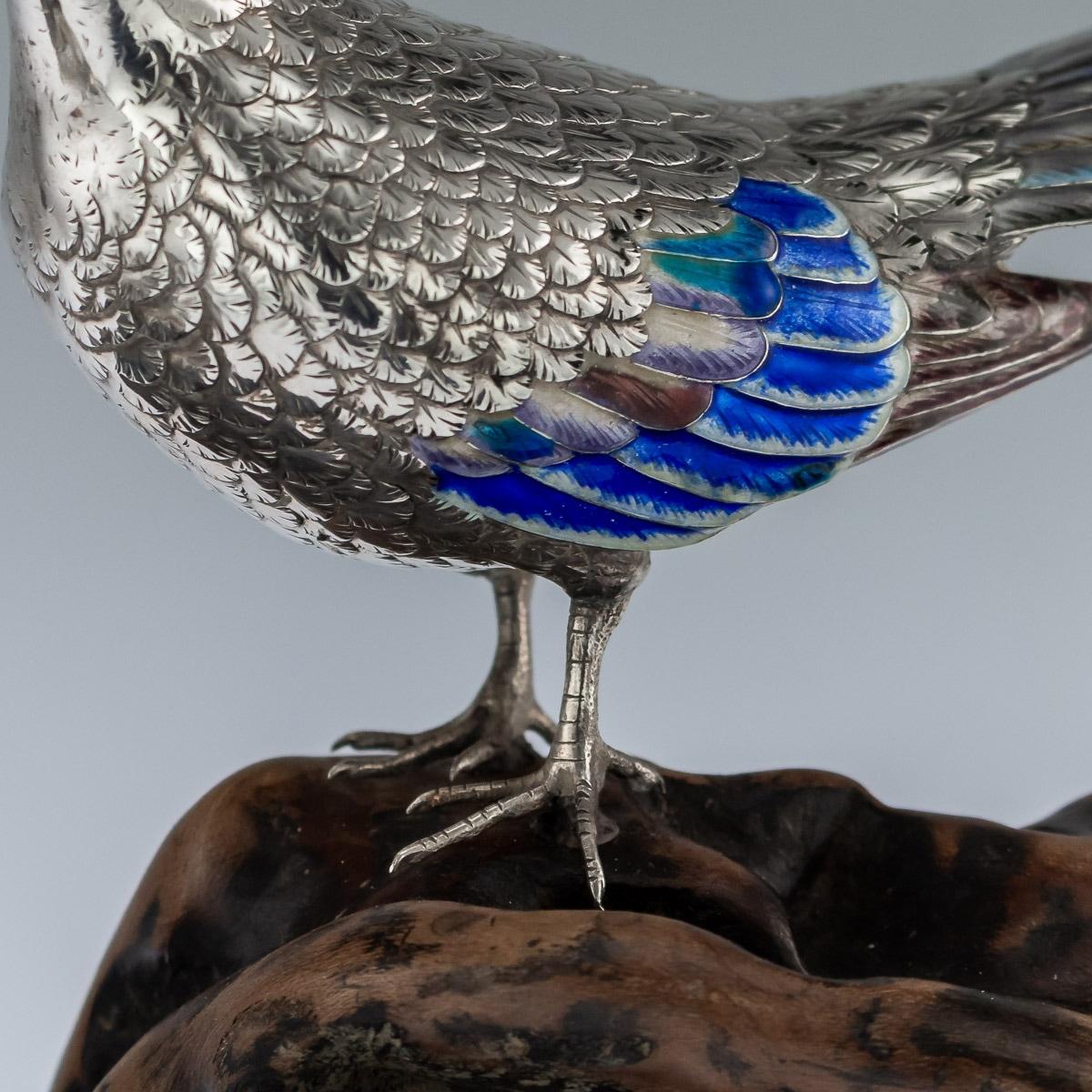 Antique Japanese Solid Silver and Enamel Models of Pigeons on Stand, Circa 1890 2