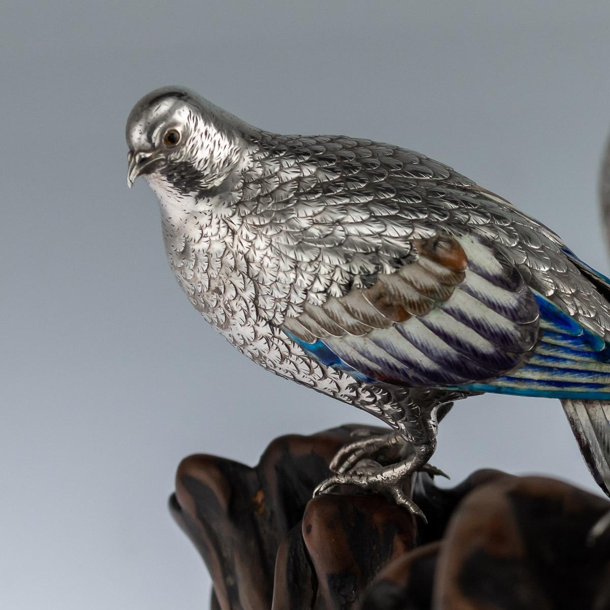 Antique Japanese Solid Silver and Enamel Models of Pigeons on Stand, Circa 1890 4