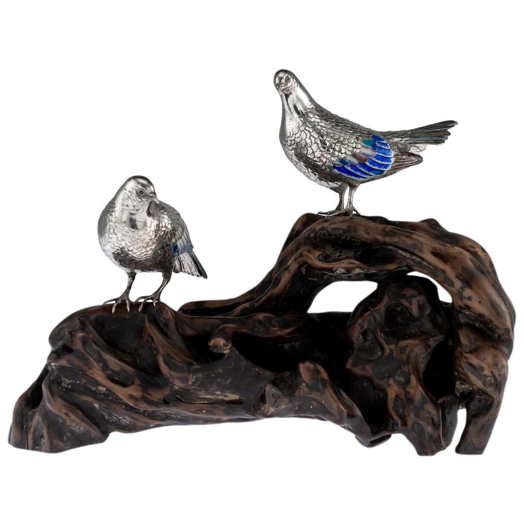 Antique Japanese Solid Silver and Enamel Models of Pigeons on Stand, Circa 1890