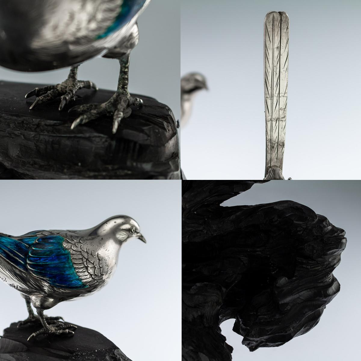 Antique Japanese Solid Silver & Enamel Models Of Wagtails On Stand, circa 1890 7