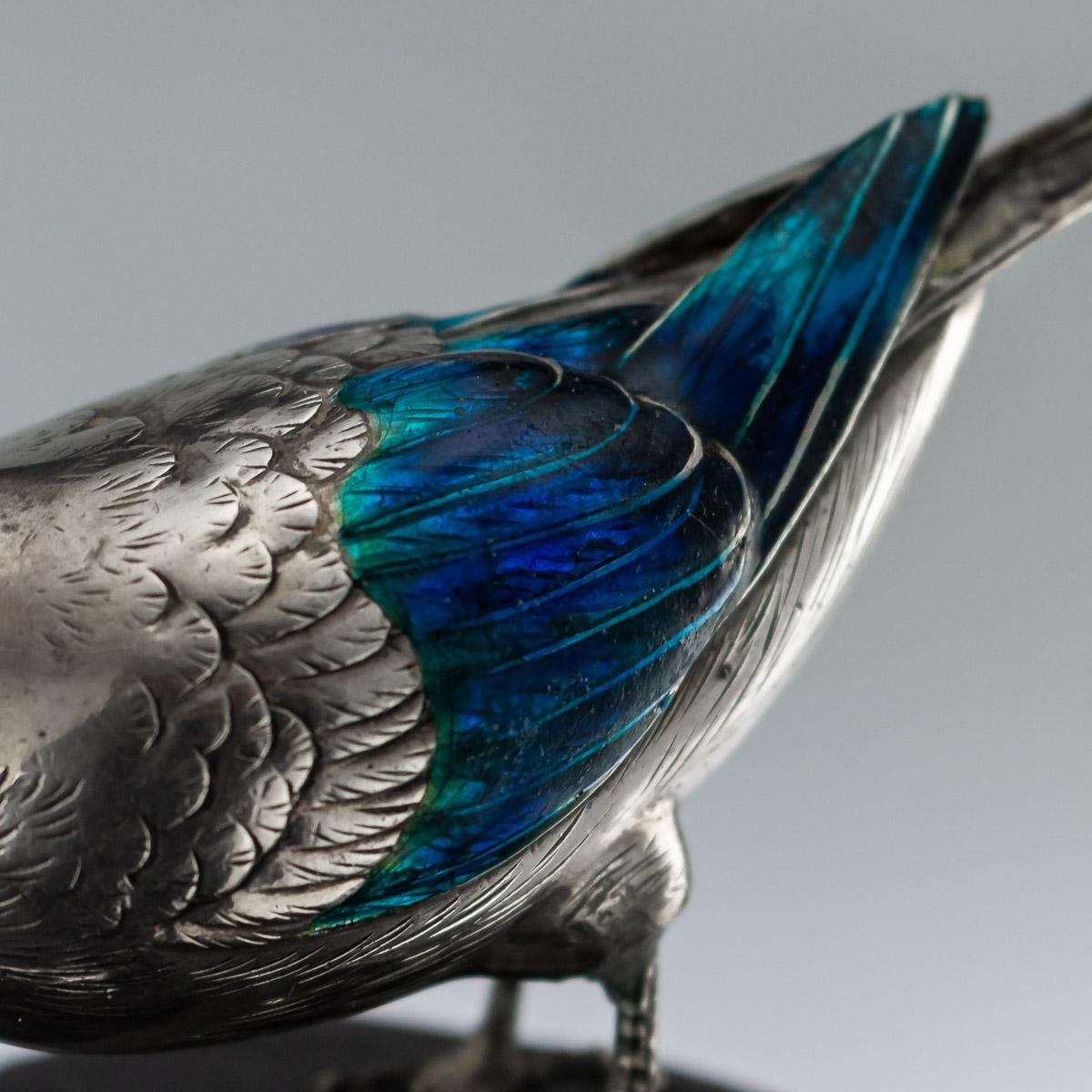 Antique Japanese Solid Silver & Enamel Models Of Wagtails On Stand, circa 1890 1