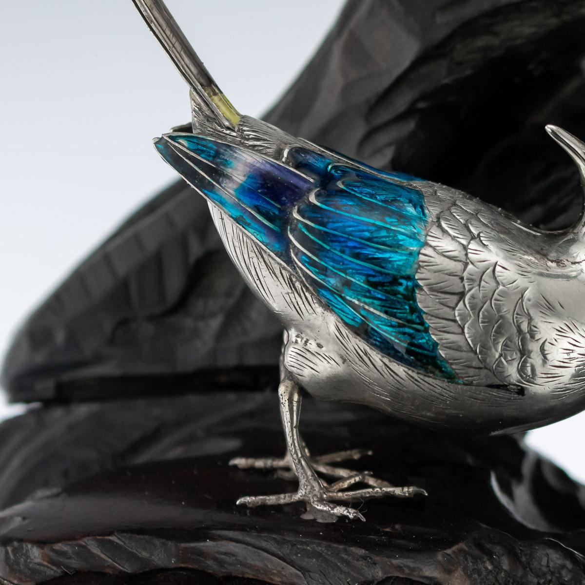 Antique Japanese Solid Silver & Enamel Models Of Wagtails On Stand, circa 1890 5