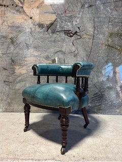 Antique 19th Century Library Captains Chair in Hand Dyed Aqua Marine Leather