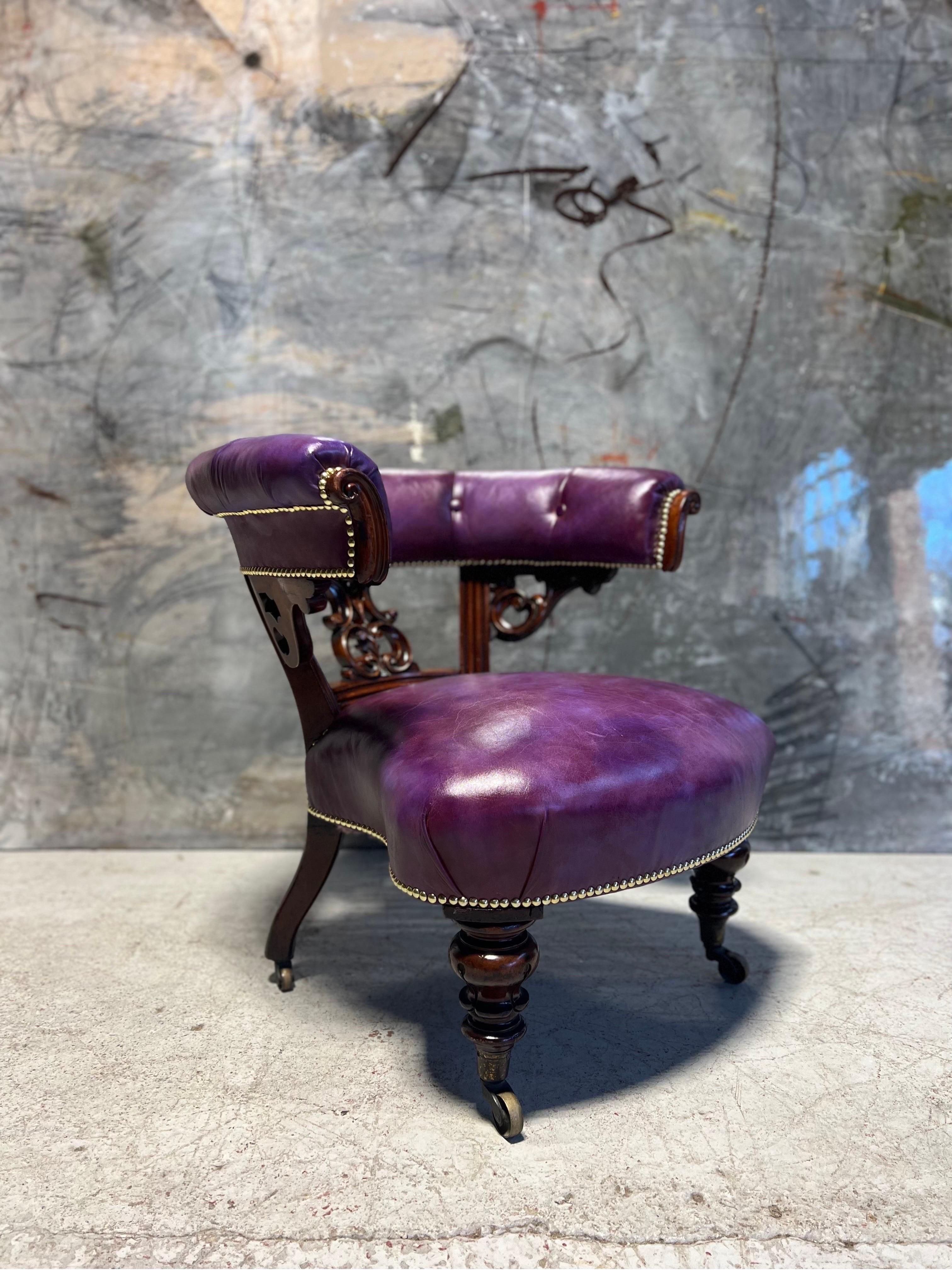 British Antique 19th Century Library Captains Chair Restored in Hand Dyed Leathers For Sale