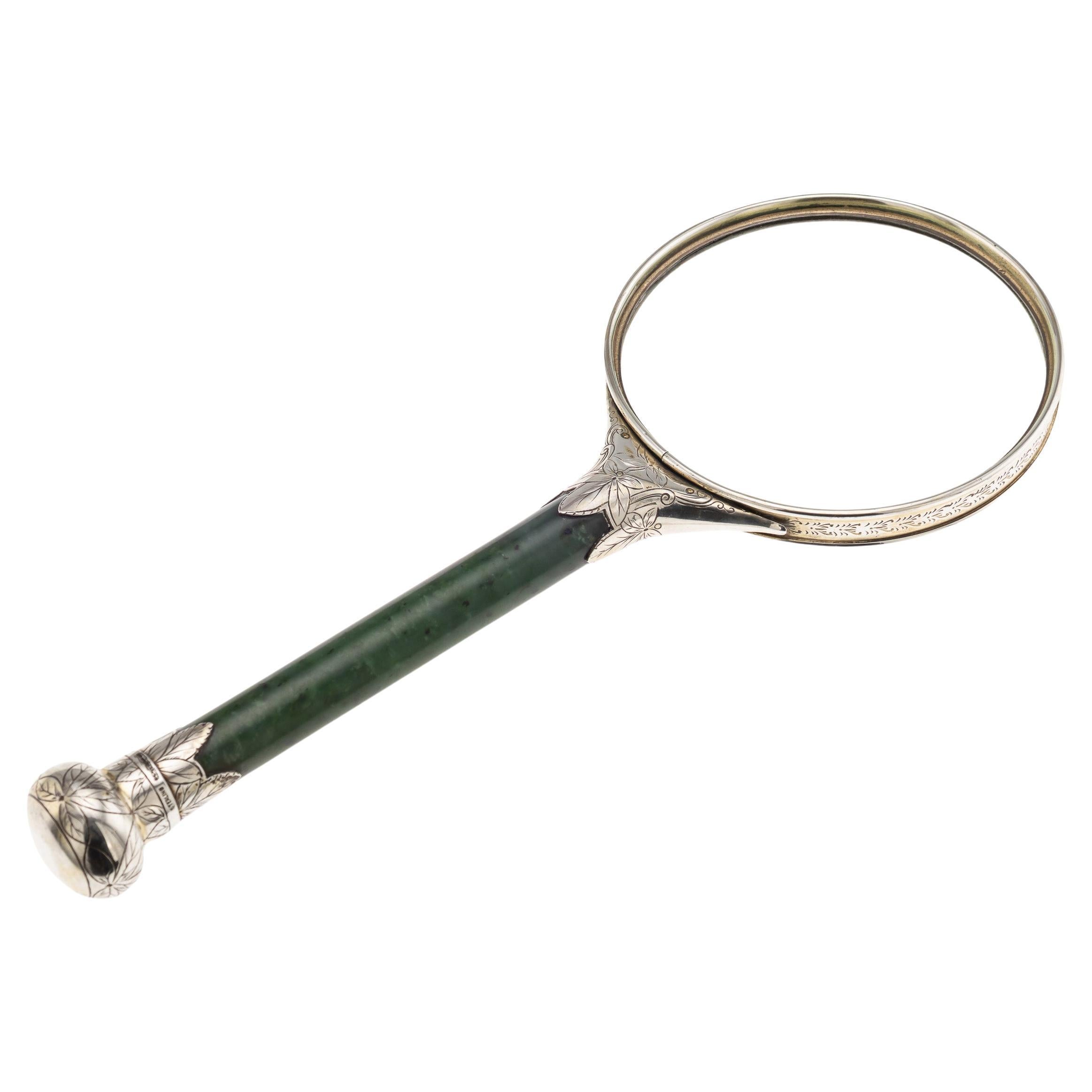 Antique 19thC Oriental Style Solid Silver & Spinach Jade Magnifying Glass c.1880