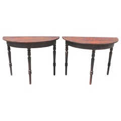 Antique 19th Century Original Painted Demi Loon Side Tables, Pair