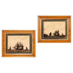 Antique 19thC Pair Of English Painted Maritime HMS Brig Concord & HMS Naiad
