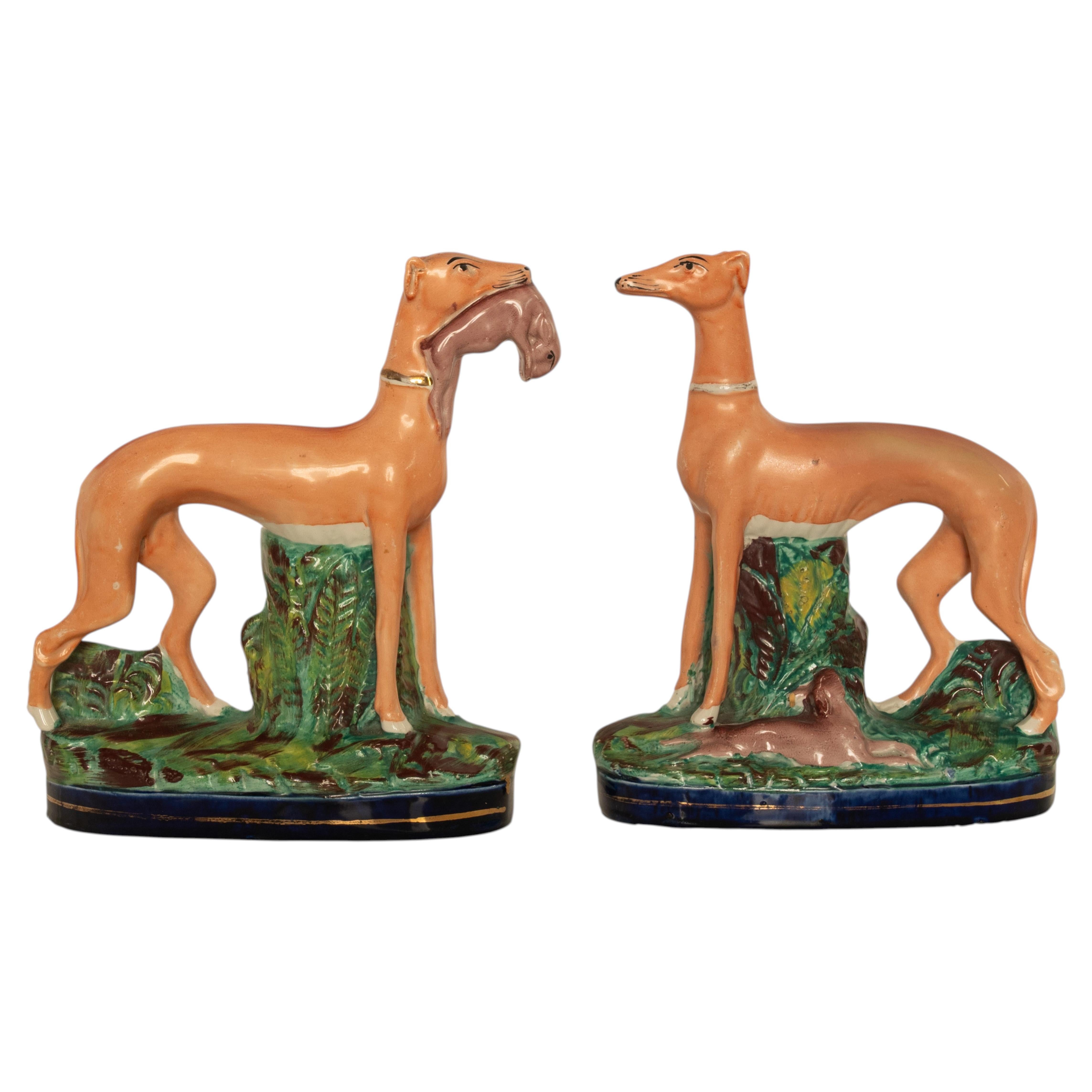 Antique 19thC Pair of Staffordshire Whippets Greyhounds Hunting Dog Figures 1860