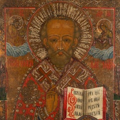 Antique 19thC Russian Orthodox Egg Tempera Painted Icon St Nicholas of Myra 1820