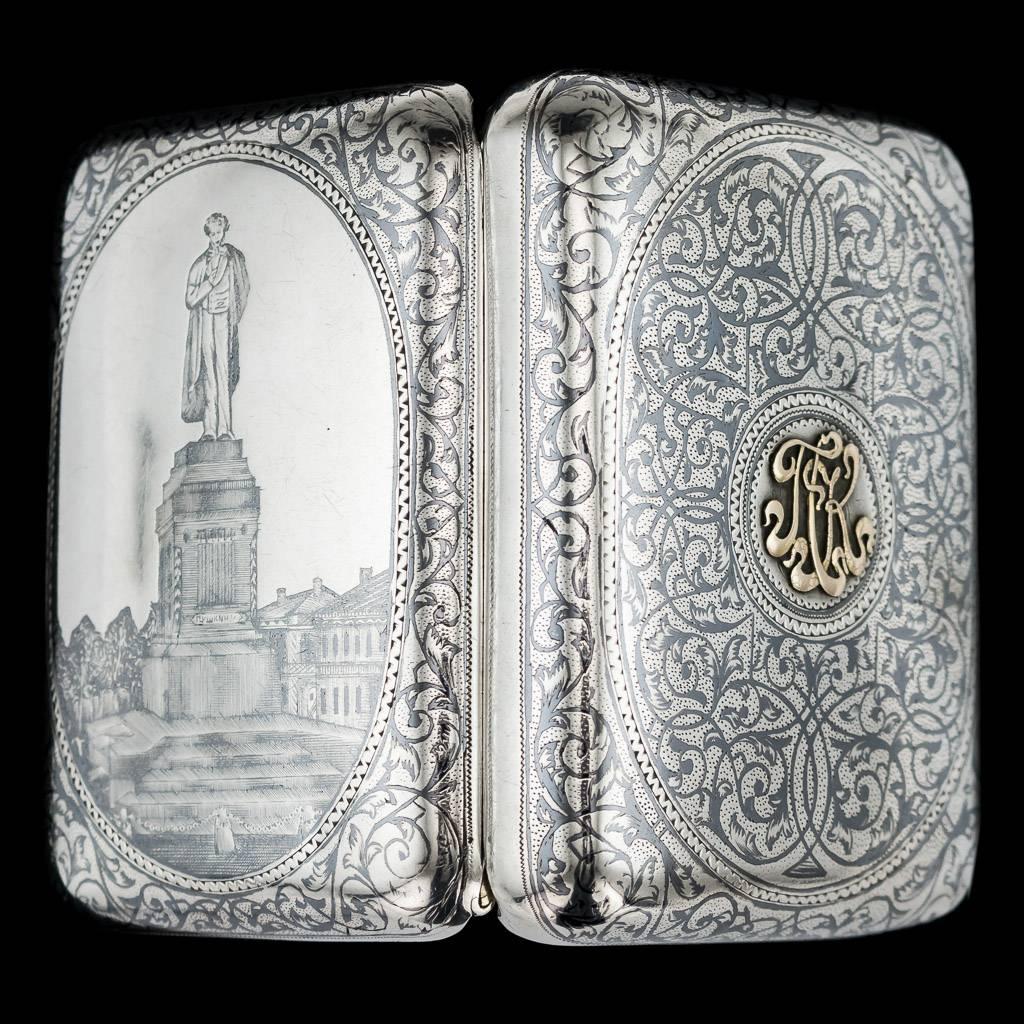 Antique Russian Solid Silver & Niello Pushkin Cigarette Case, circa 1893 In Excellent Condition In Royal Tunbridge Wells, Kent