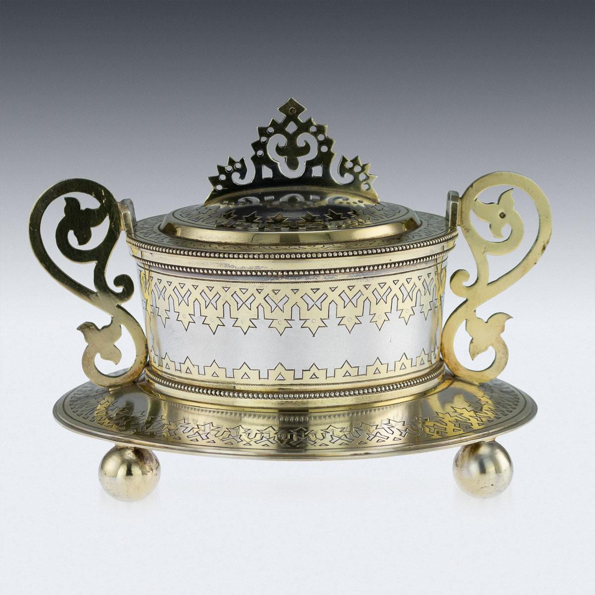 Antique 19th century imperial Russian solid silver caviar serving set, modelled as a barrel with fitted lid and elaborately designed handles, decoration is part gilt on matted silver ground, engraved with geometrical designs, simulating ice or