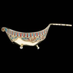Antique Russian Solid Silver-Gilt and Enamel Kovsh, Khlebnikov, circa 1874