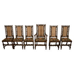 Antique 19thC Set 6 Carved Caned Jacobean Barley Twist Walnut Dining Chairs 1870