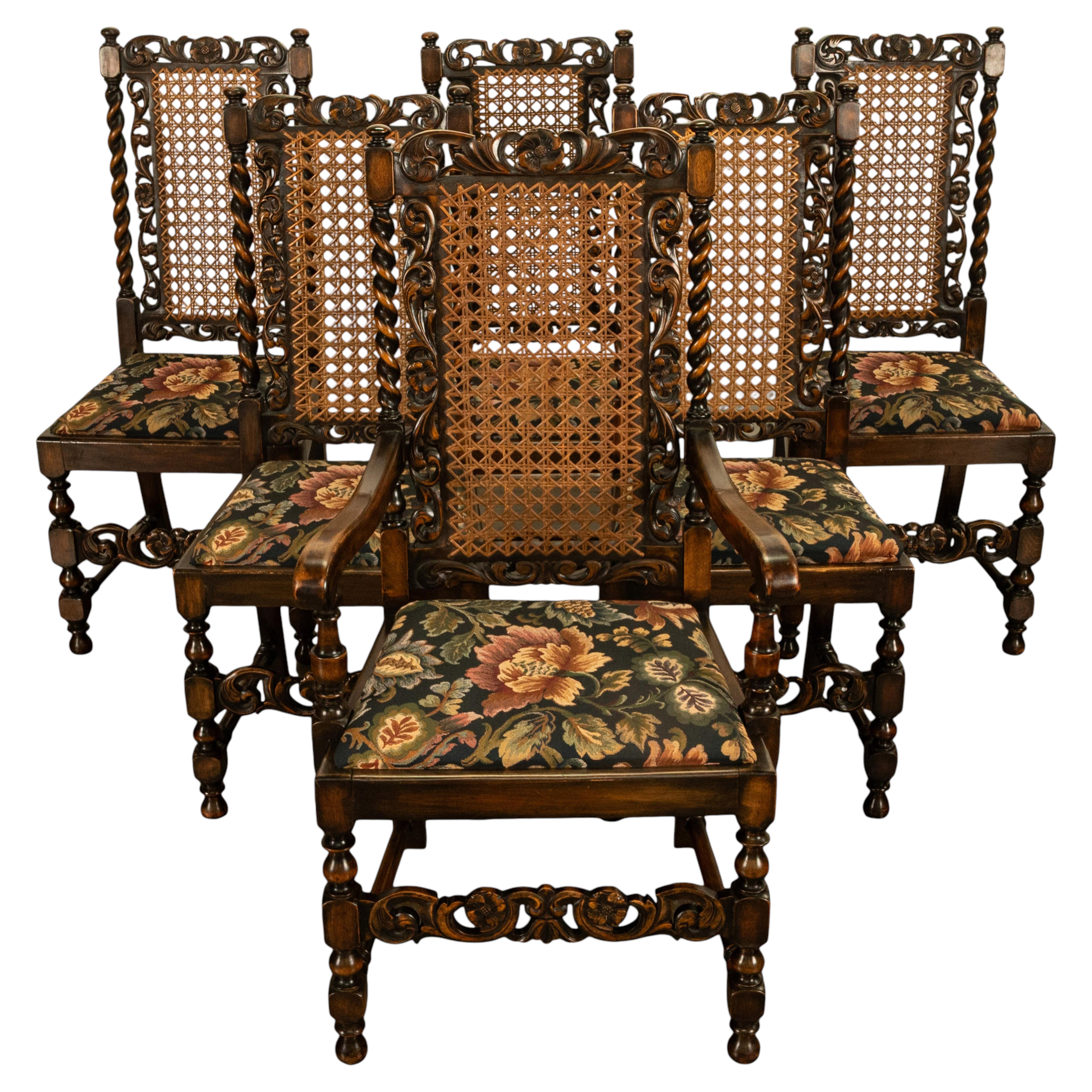 Antikes Set aus dem 19. Jahrhundert, bestehend aus 6 geschnitzten Esszimmerstühlen aus Jacobean Walnut im jakobinischen Stil mit „Barley Twist“-Verzierung und geflochtener Sitzfläche, um 1870
