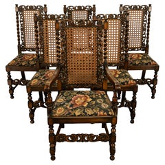 Antique 19thC Set 6 Carved Caned Jacobean Barley Twist Walnut Dining Chairs 1870