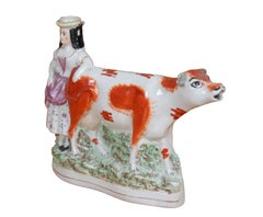 Antique 19thC Staffordshire Porcelain Cow Milk Maid Spill Vase Creamer 10"