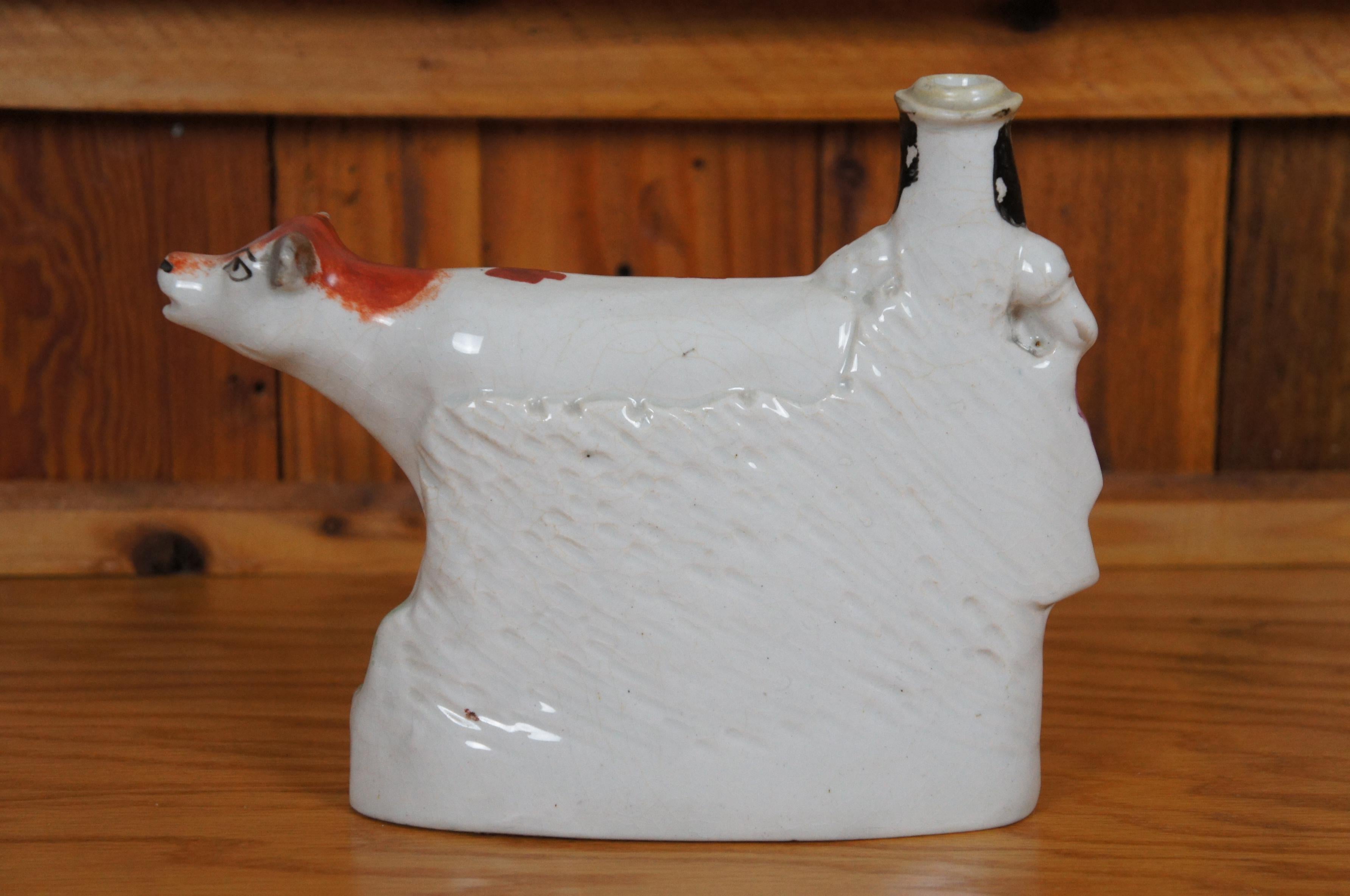 Antique 19thC Staffordshire Porcelain Cow Milk Maid Spill Vase Creamer 10