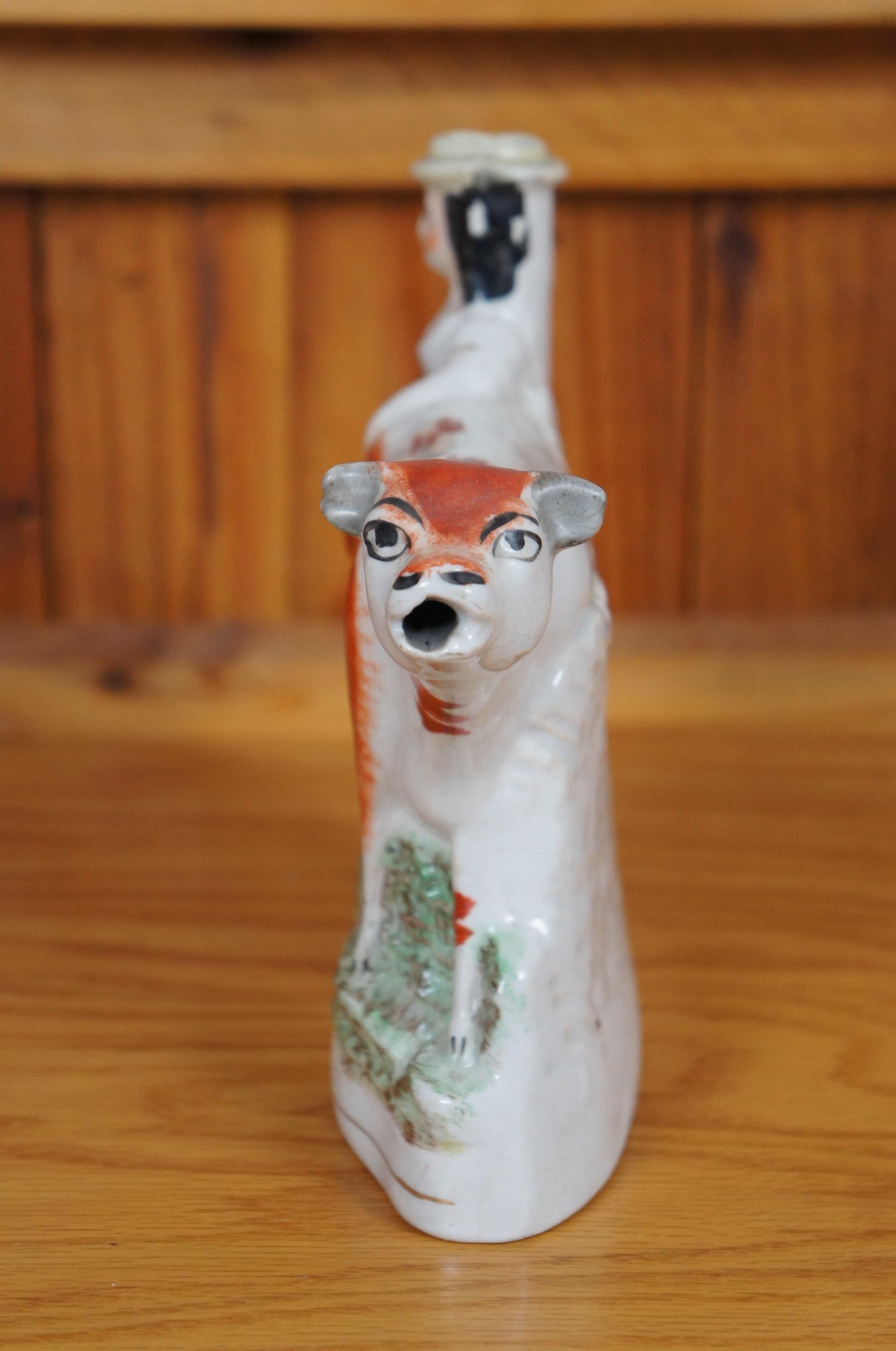 Antique 19thC Staffordshire Porcelain Cow Milk Maid Spill Vase Creamer 10
