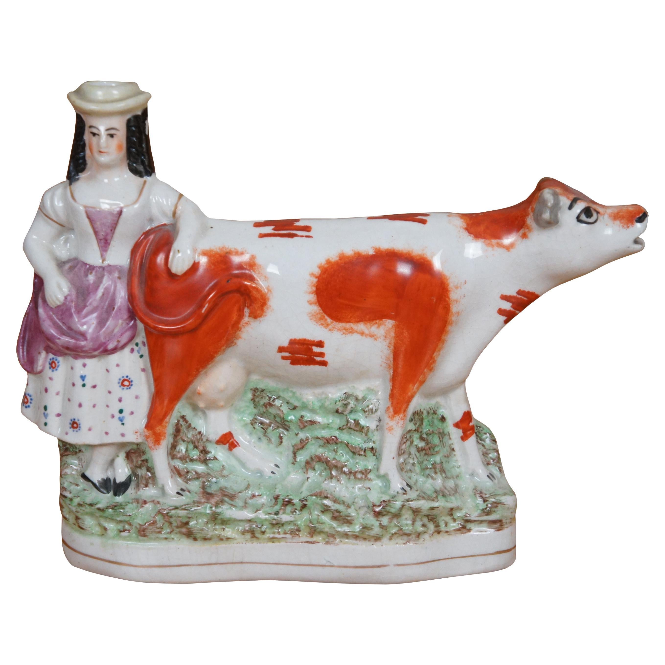Antique 19thC Staffordshire Porcelain Cow Milk Maid Spill Vase Creamer 10"