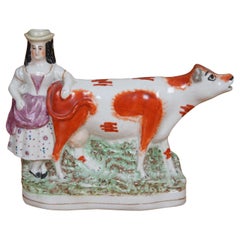 Antique 19thC Staffordshire Porcelain Cow Milk Maid Spill Vase Creamer 10"