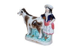 Antique 19thC Staffordshire Porcelain Cow Milk Maid Spill Vase Creamer 7"
