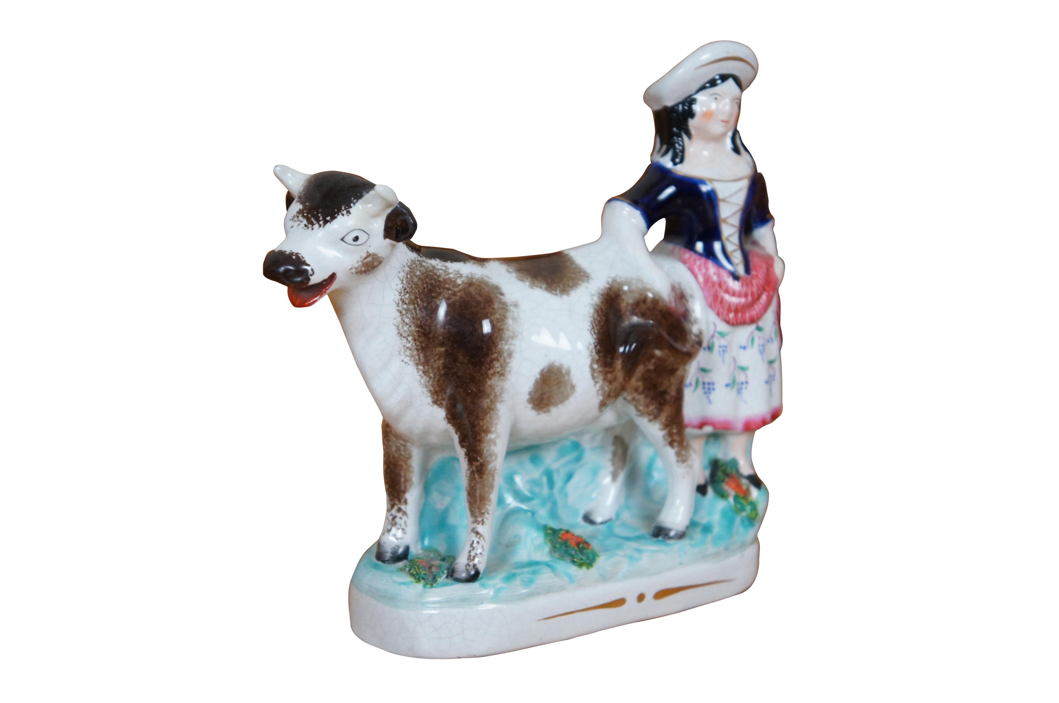 Victorian Antique 19thC Staffordshire Porcelain Cow Milk Maid Spill Vase Creamer 7
