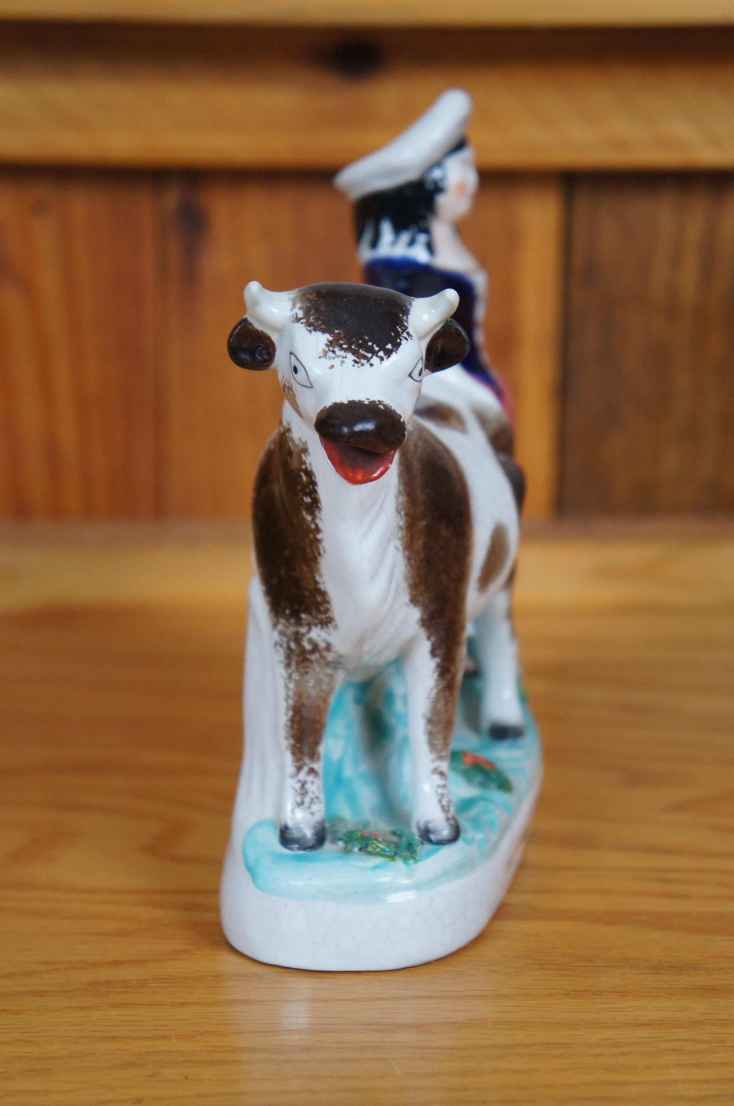 19th Century Antique 19thC Staffordshire Porcelain Cow Milk Maid Spill Vase Creamer 7