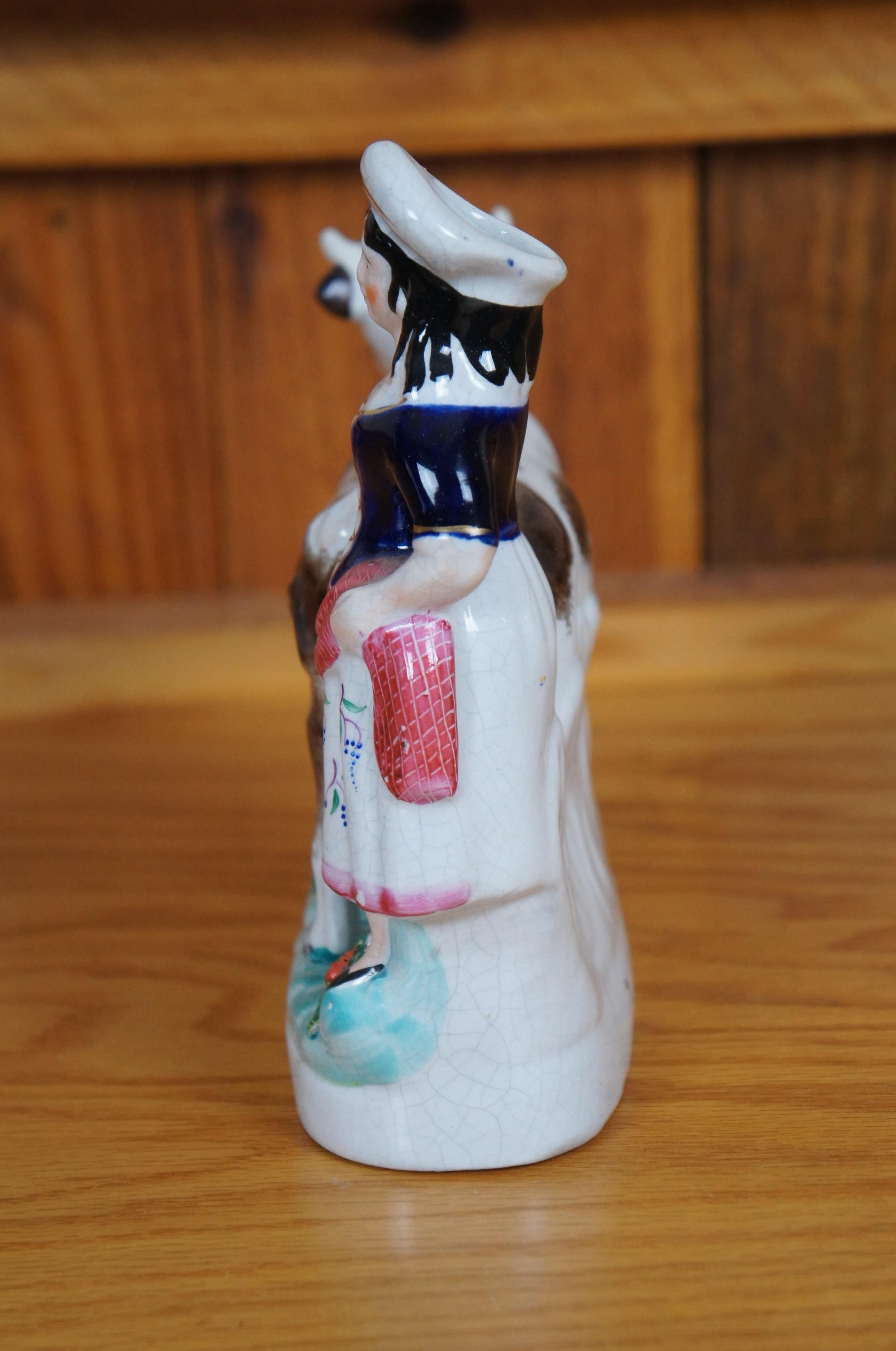Antique 19thC Staffordshire Porcelain Cow Milk Maid Spill Vase Creamer 7