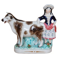 Antique 19thC Staffordshire Porcelain Cow Milk Maid Spill Vase Creamer 7"