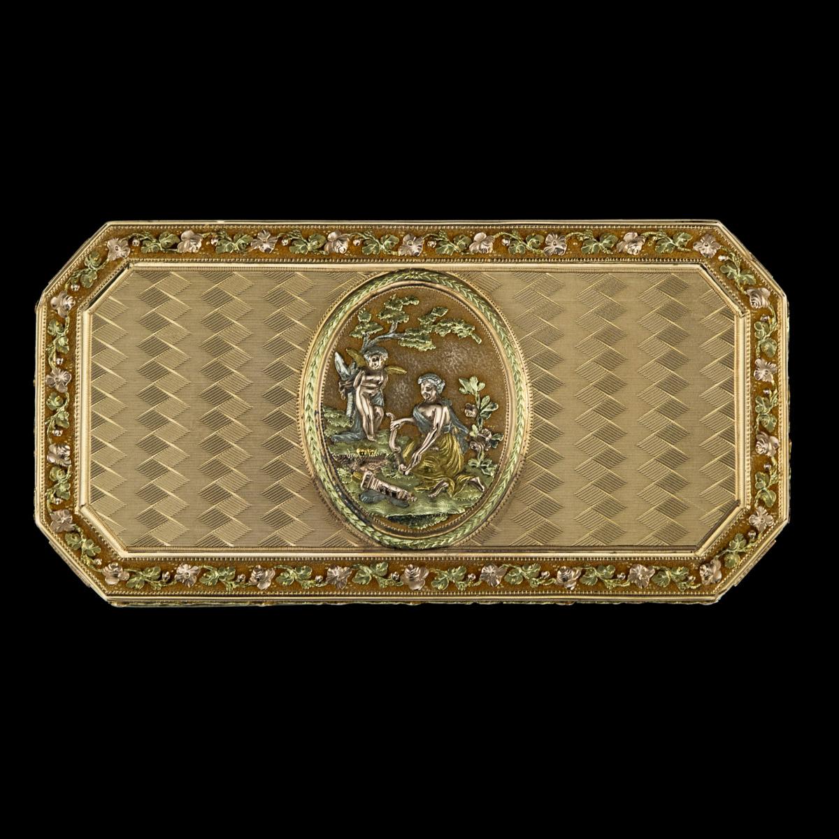 19th century Swiss three-colored 18-karat gold snuff box, rectangular shaped with canted corners, the cover, sides and base set with panels of chevron-pattern engine-turning, the four corners chased with varicolored gold urns draped with laurel