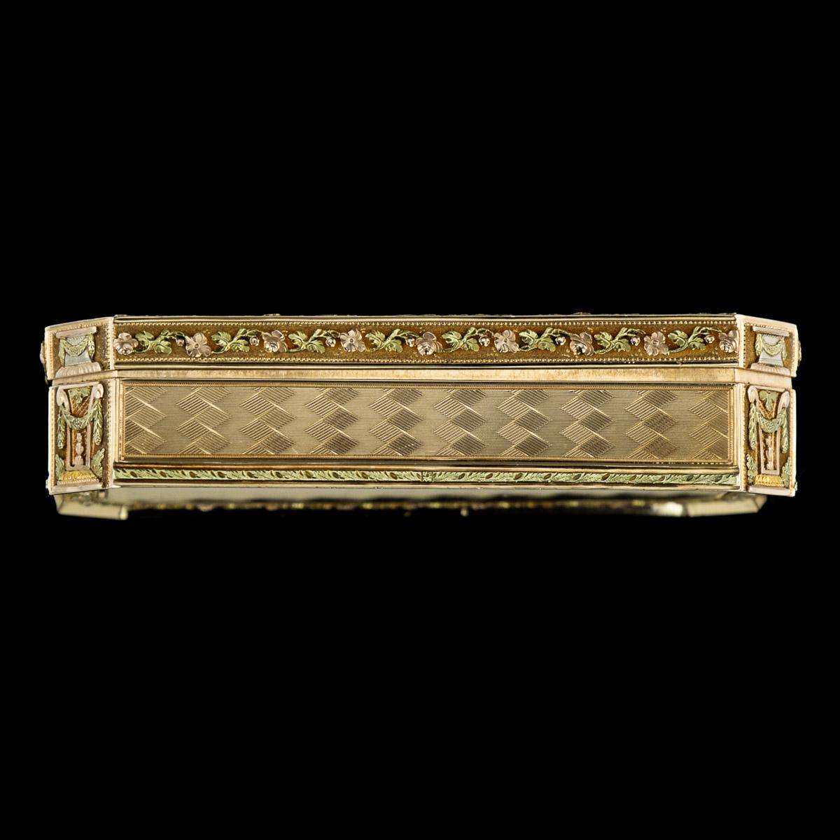 Antique 19th Century Swiss 18-Karat Three-Color Gold Snuff Box, Geneva In Good Condition In Royal Tunbridge Wells, Kent