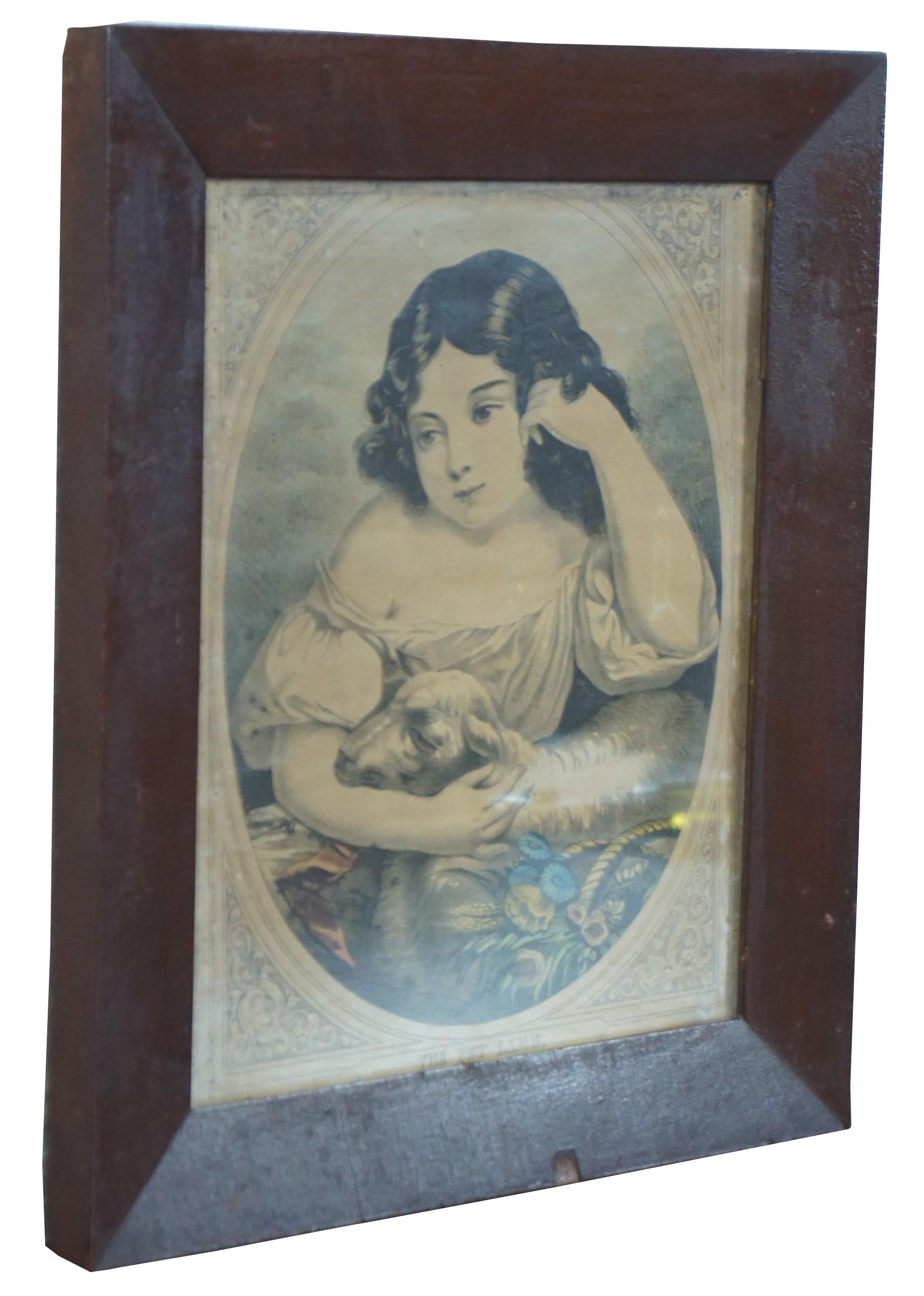 Antique 19thC Victorian Colored Lithograph Print Girl Portrait The Pet Lamb 11