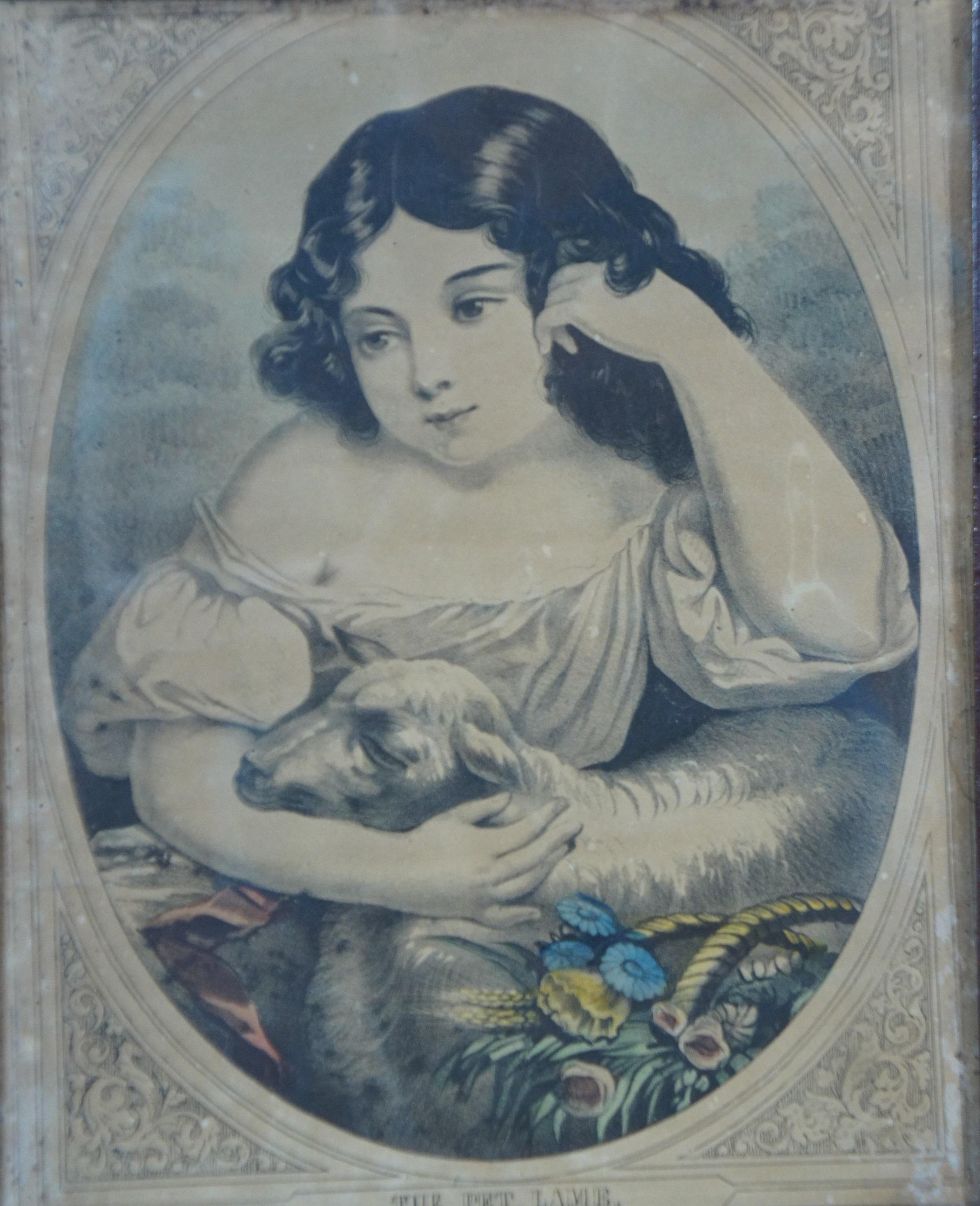 19th Century Antique 19thC Victorian Colored Lithograph Print Girl Portrait The Pet Lamb 11