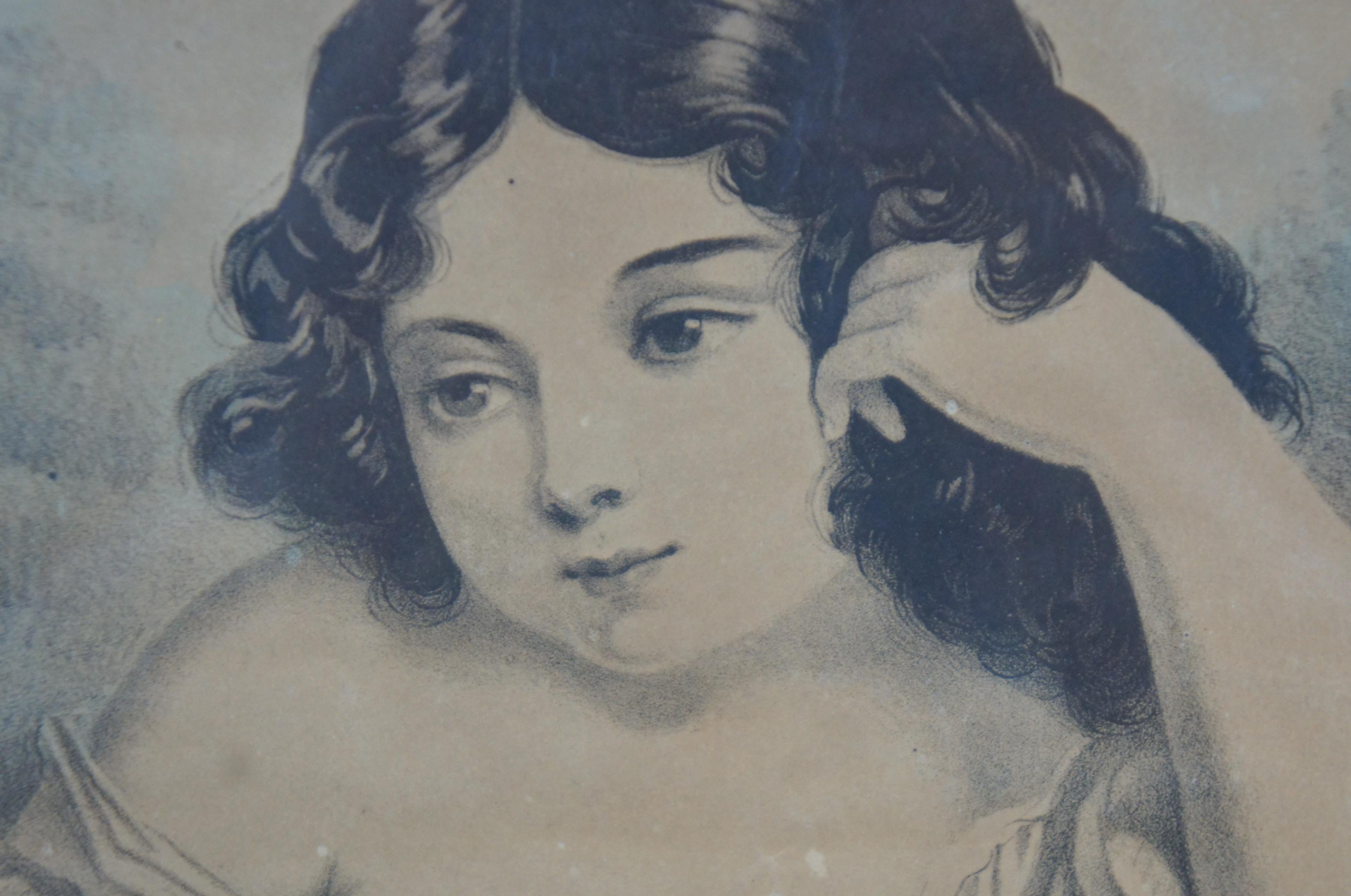 Antique 19thC Victorian Colored Lithograph Print Girl Portrait The Pet Lamb 11