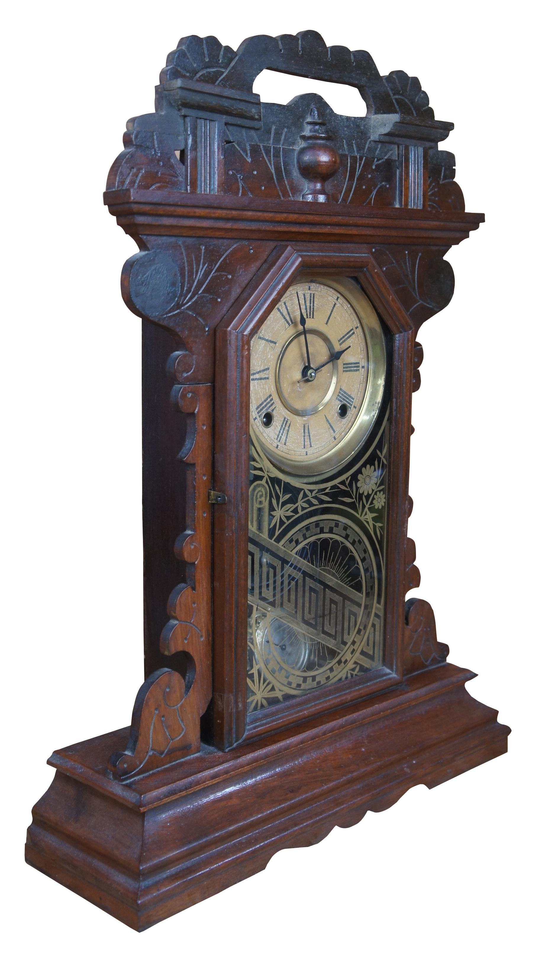 Antique 19th C Victorian Eastlake Ingraham Walnut 8 Day Parlor Mantel