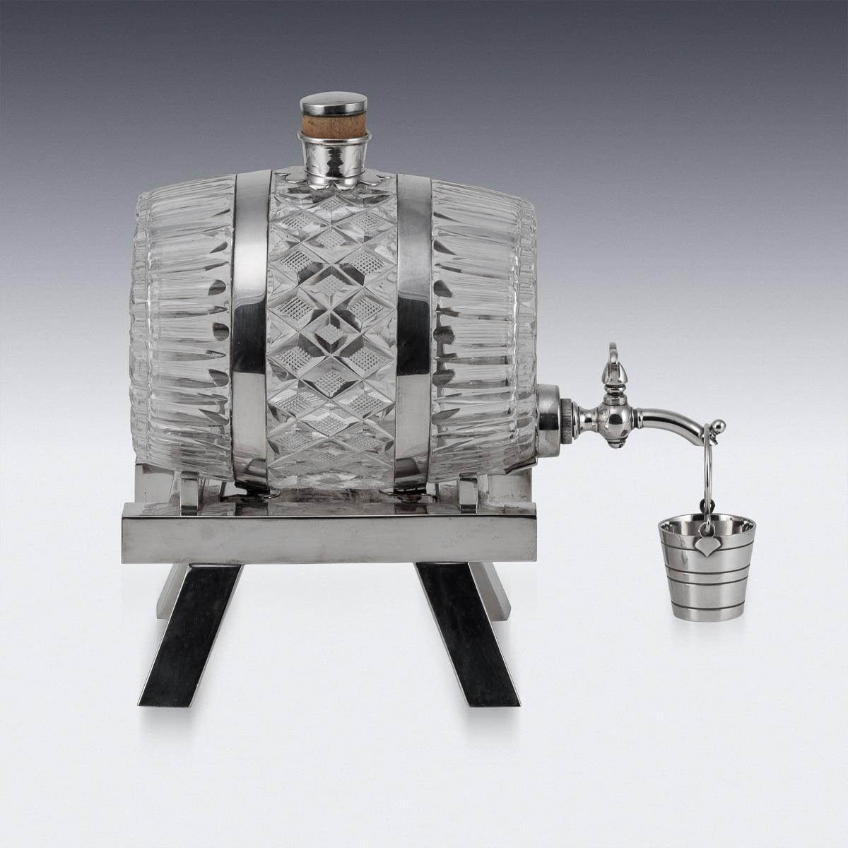 Antiguo barril victoriano del siglo XIX, chapado en plata y vidrio, Mappin & Webb c1890 Británico en venta